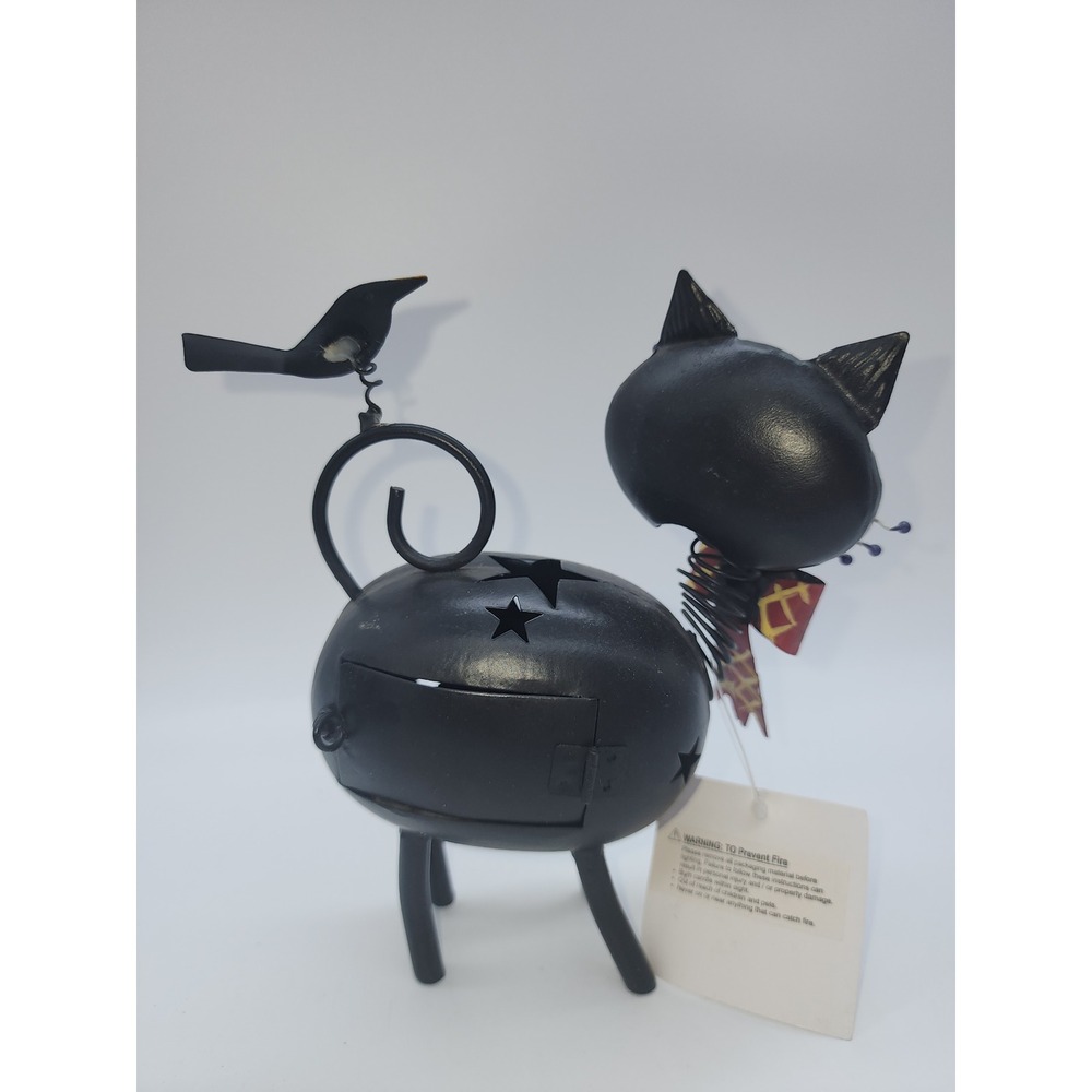 Vintage Style Metal Black Cat Tea Light Candle Holder Crow Folk Art Halloween - Picture 5 of 8